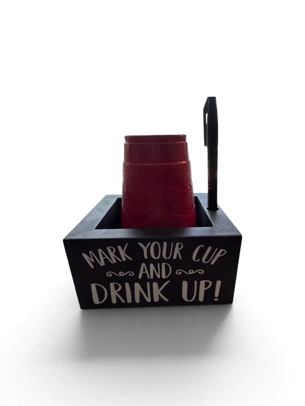 Single Cup Holder with Marker Slot Wooden Mark Your Cup and Drink Up Cup Holder